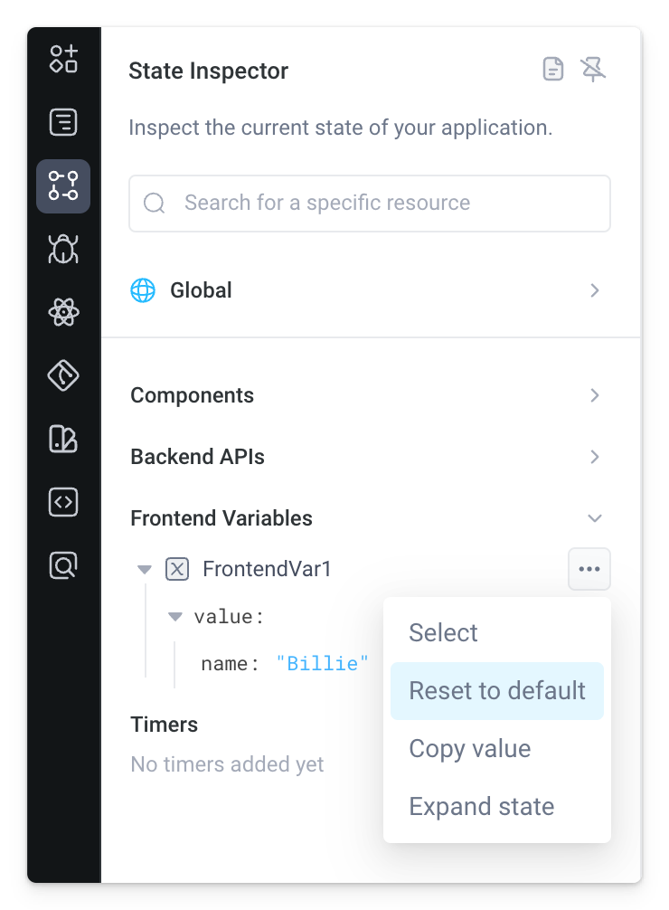 Reset a frontend variable to its default value from the State Inspector