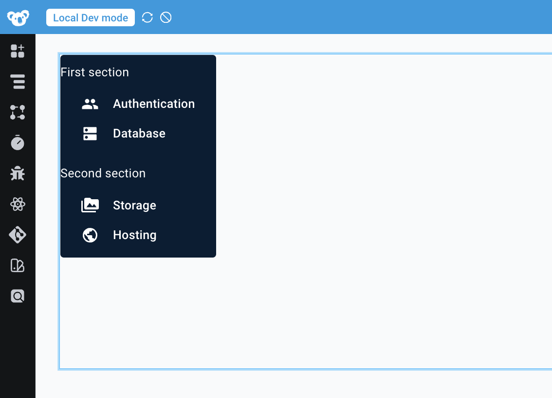 The custom Sidebar component displays the navigation items passed via the properties panel.