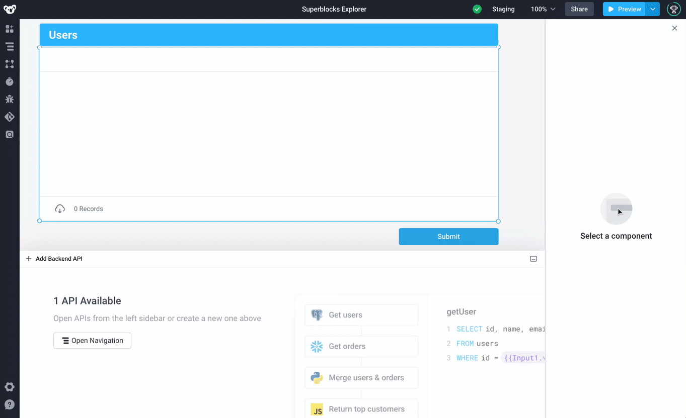 The Explorer can be used to quickly navigate different parts of Superblocks Applications.