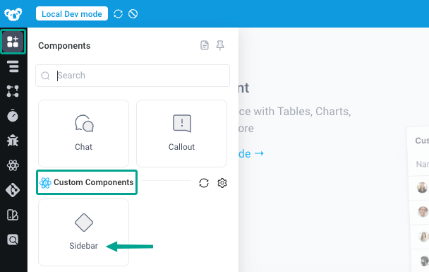 The custom Sidebar component shows up in the list of custom components in the Superblocks UI.