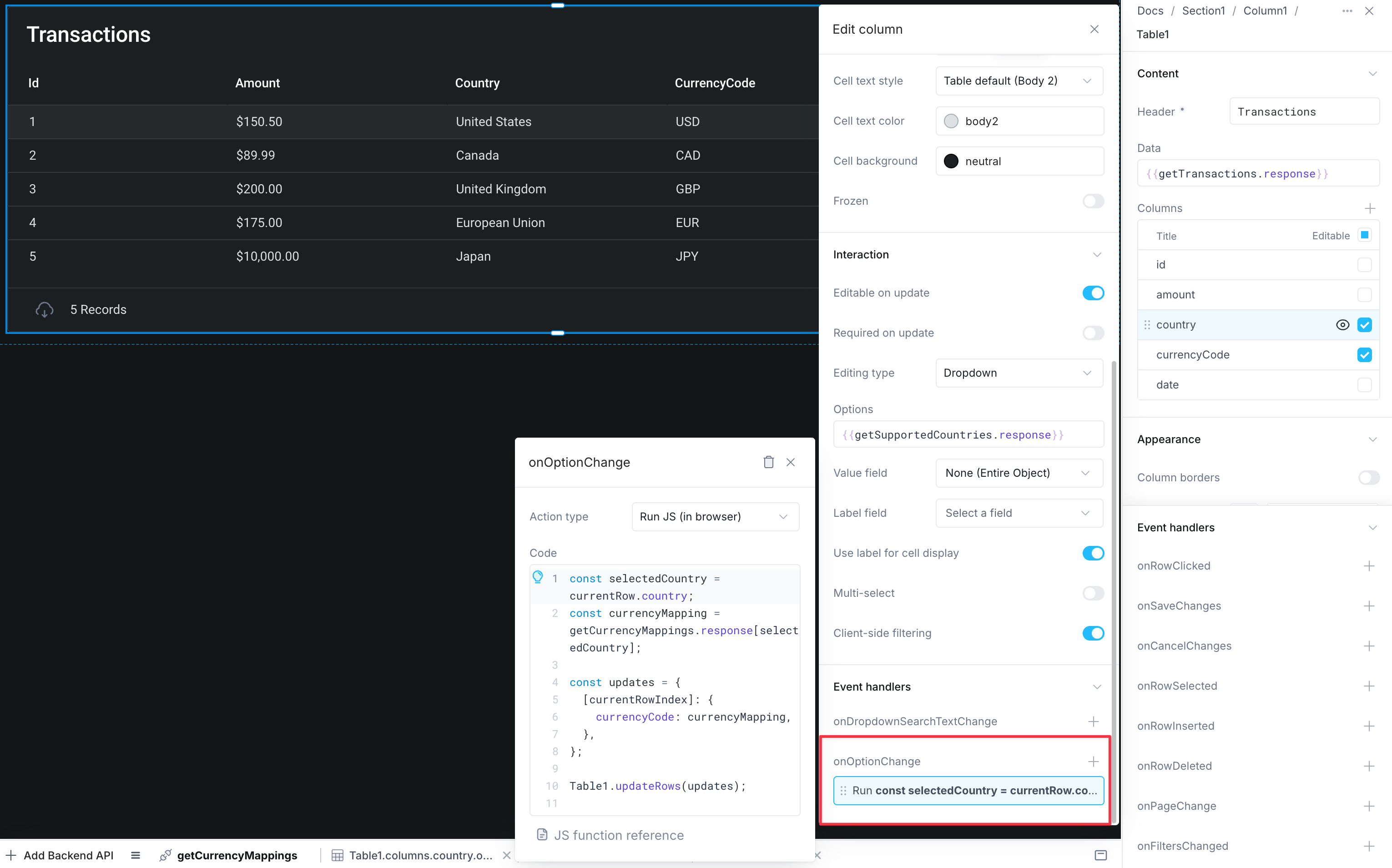 Table dropdown option selected