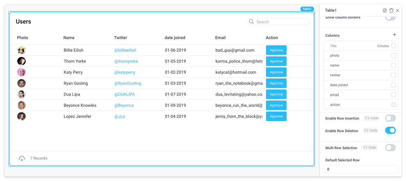 Enable row deletion from the properties panel