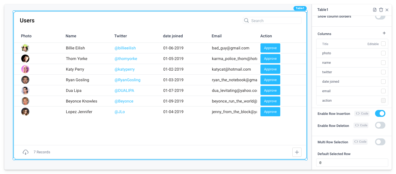 Enable row insertion from the properties panel