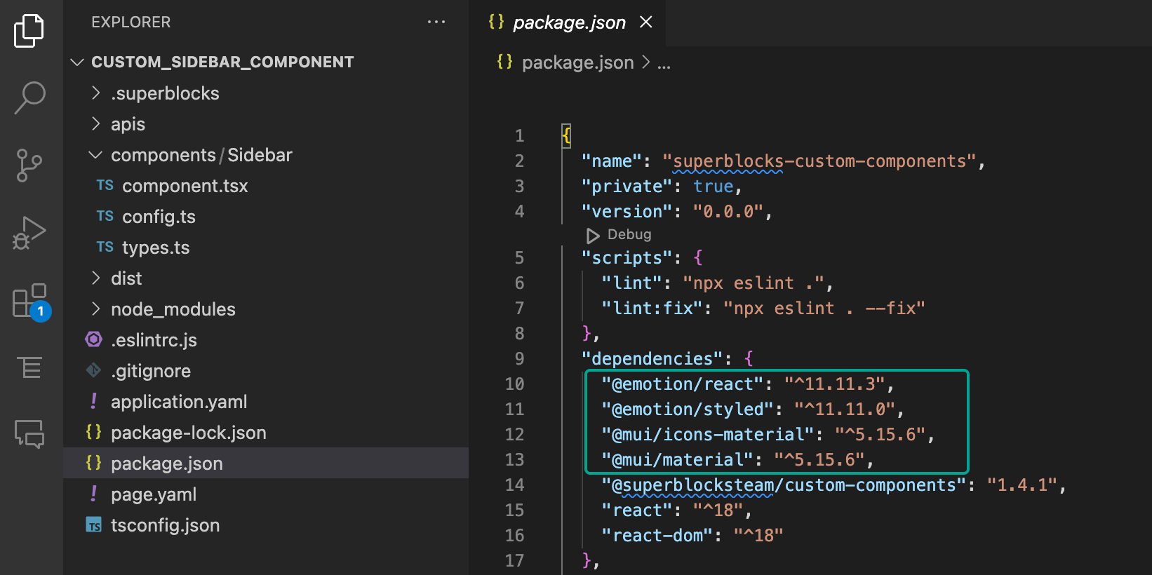 The JavaScript libraries used by the MaterialUI component are added to the package.json file.