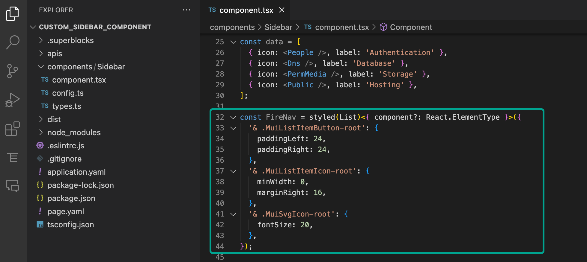 The FireNav is defined as a React ElementType in VS Code.