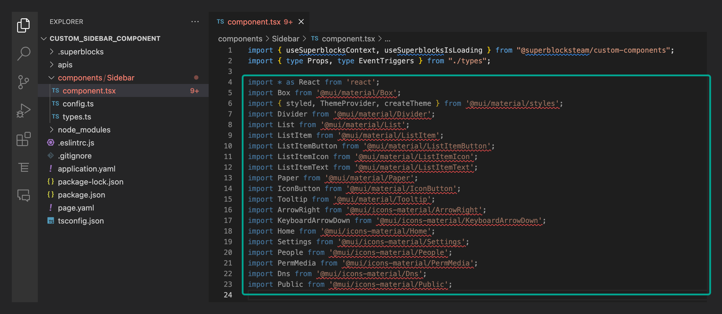 The import statements for the Material UI have been pasted to VS Code.