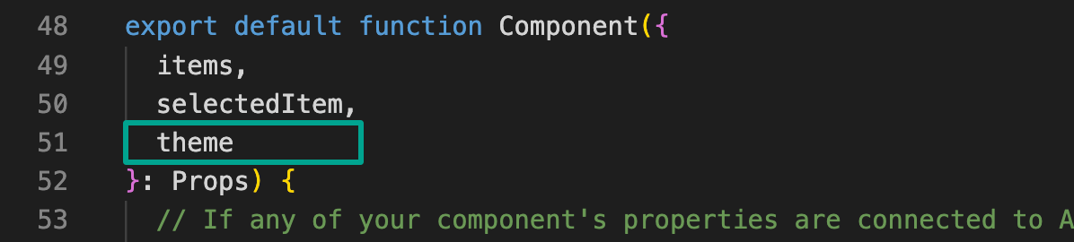 Theme was added to the props in the custom component's React code.