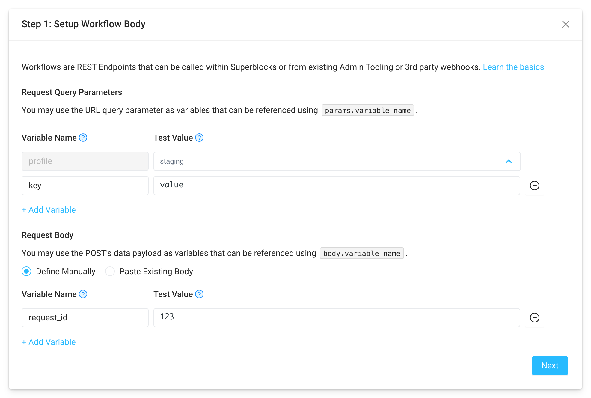 Define variables for both query parameters and request body during configuration of Superblocks Workflows