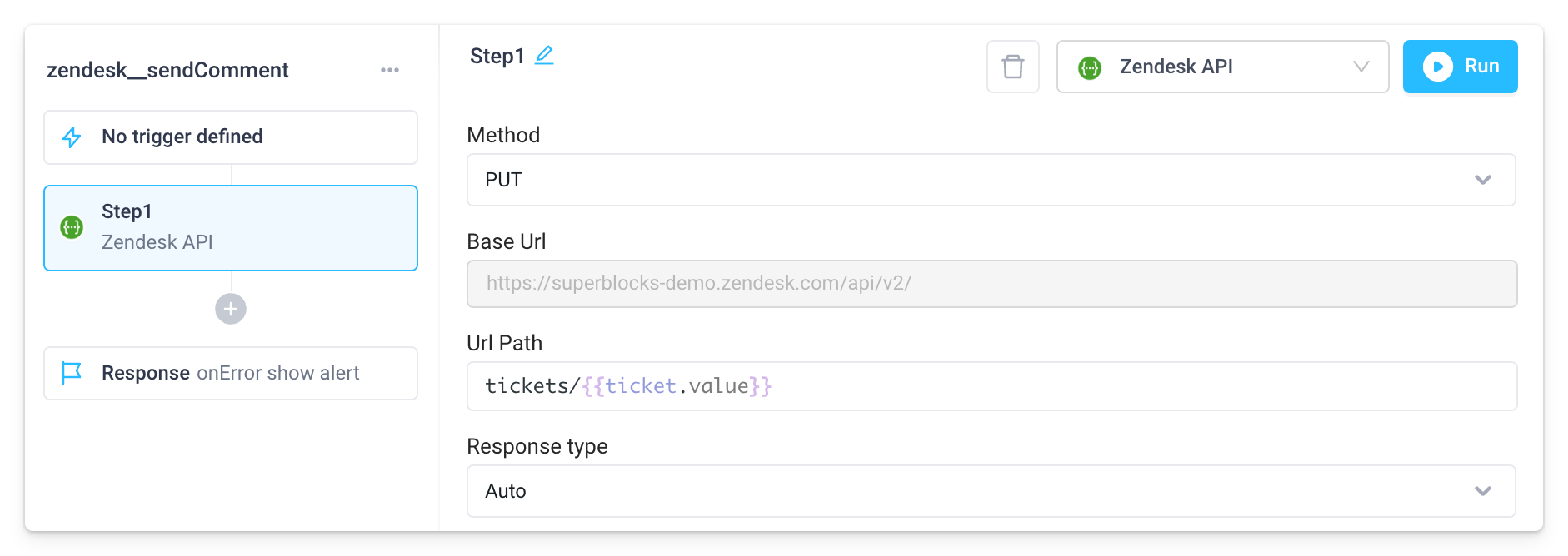 Use the Zendesk REST integration in an API step to update the ticket with the AI-generated response.