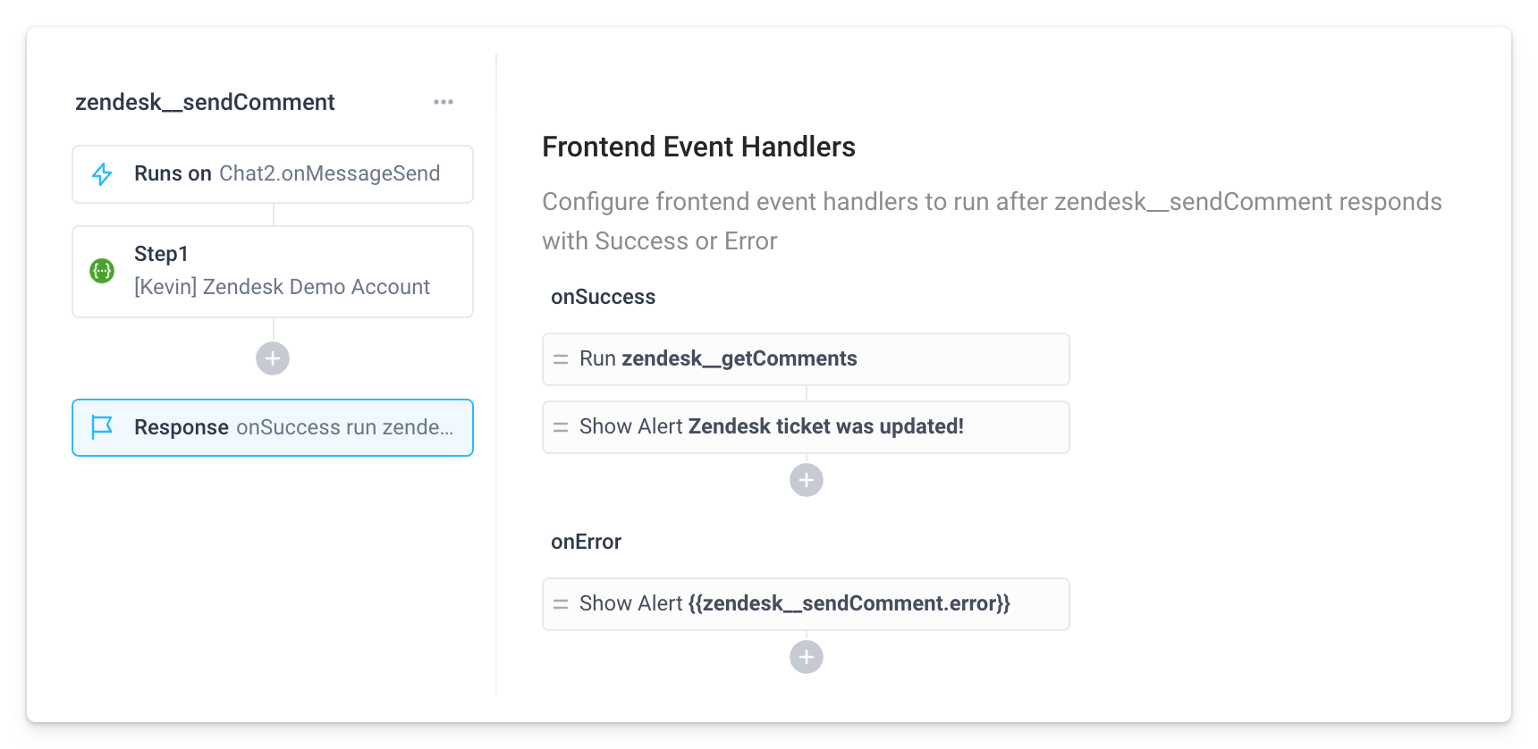 An onSuccess event handler is used to reload the Zendesk messages displayed in the Chat component.
