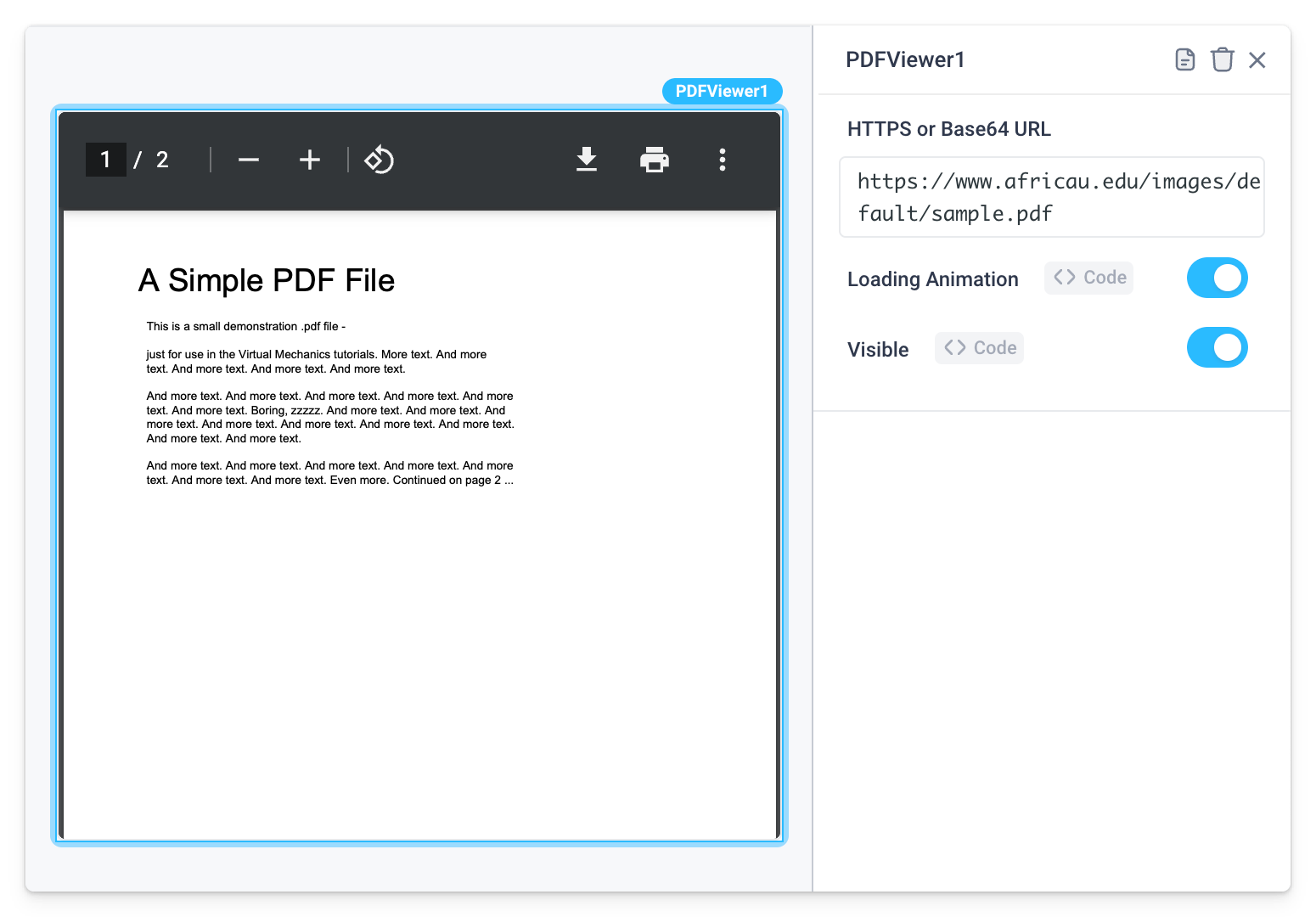 Use the HTTPS or Base64 URL property to point to your PDF