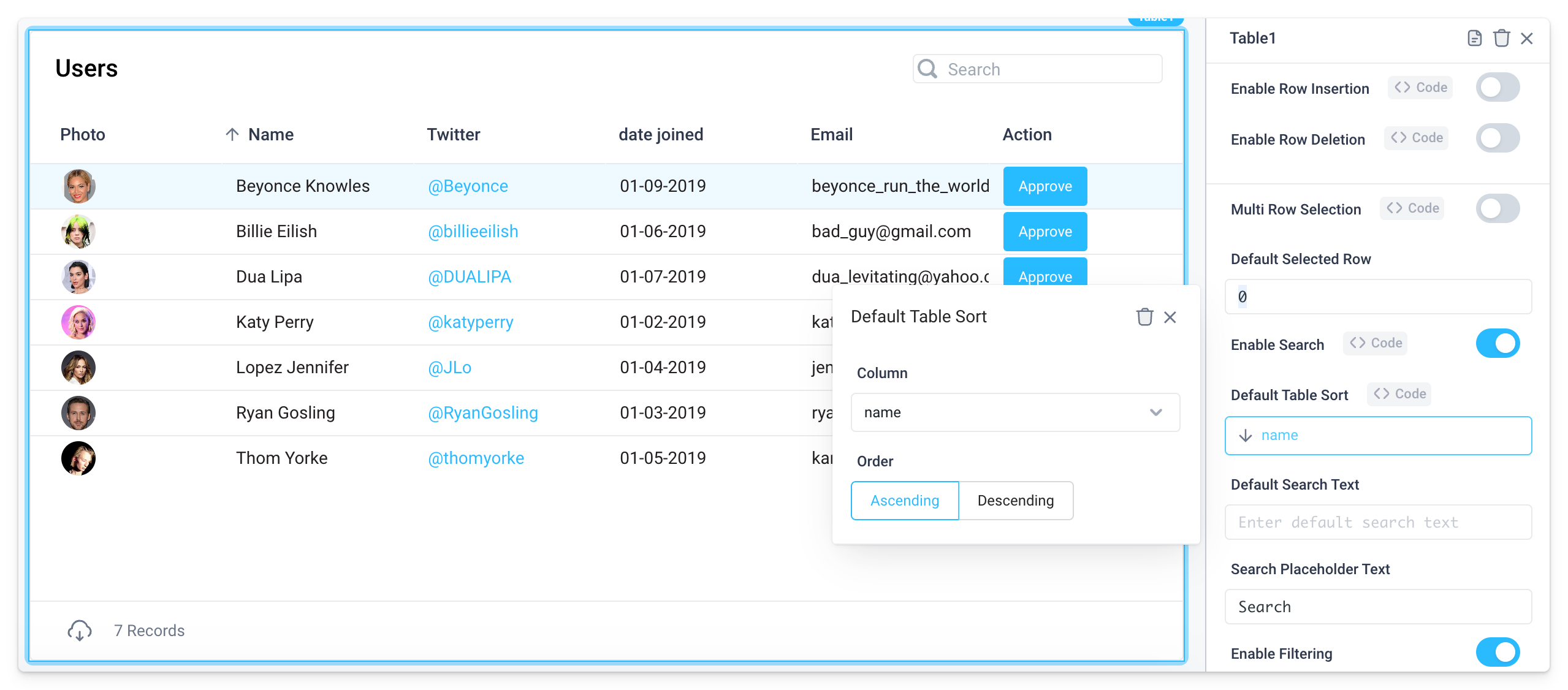 Setting the default table sort via code