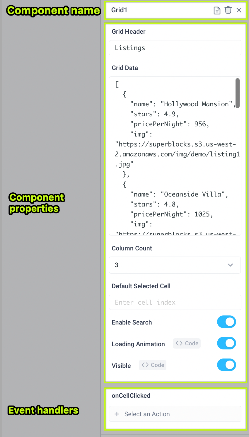 The properties panel contains properties of the component and event handlers