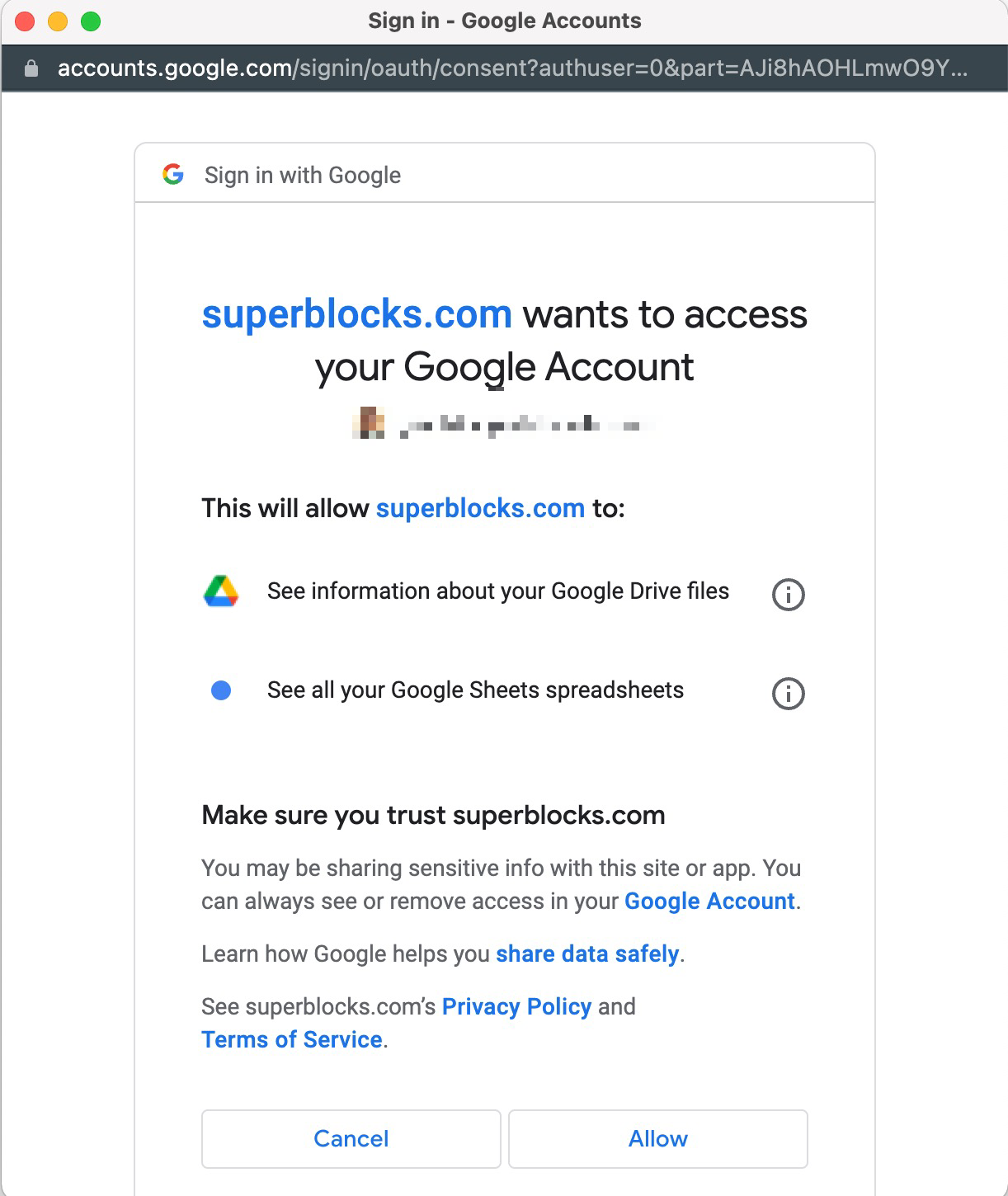 Allow Superblocks permissions to access your Google Sheets