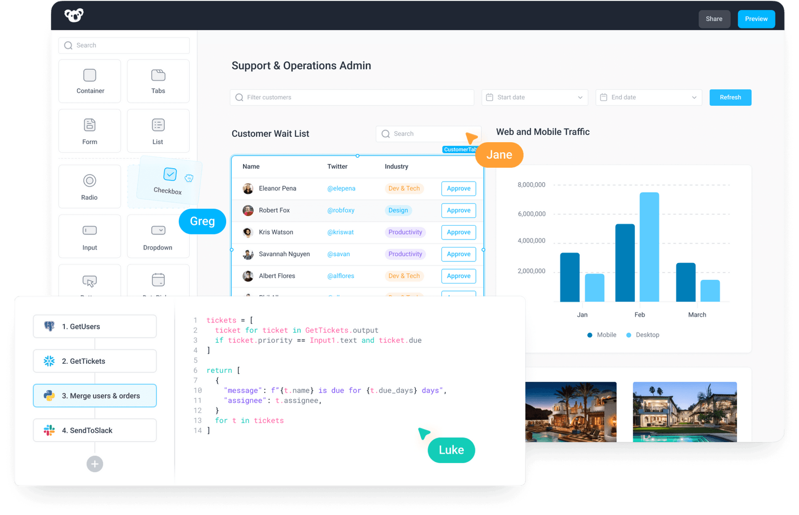 Superblocks allows you to drag, drop, and configure data for Tables, Charts, Forms, Grids, Images, Videos, and more