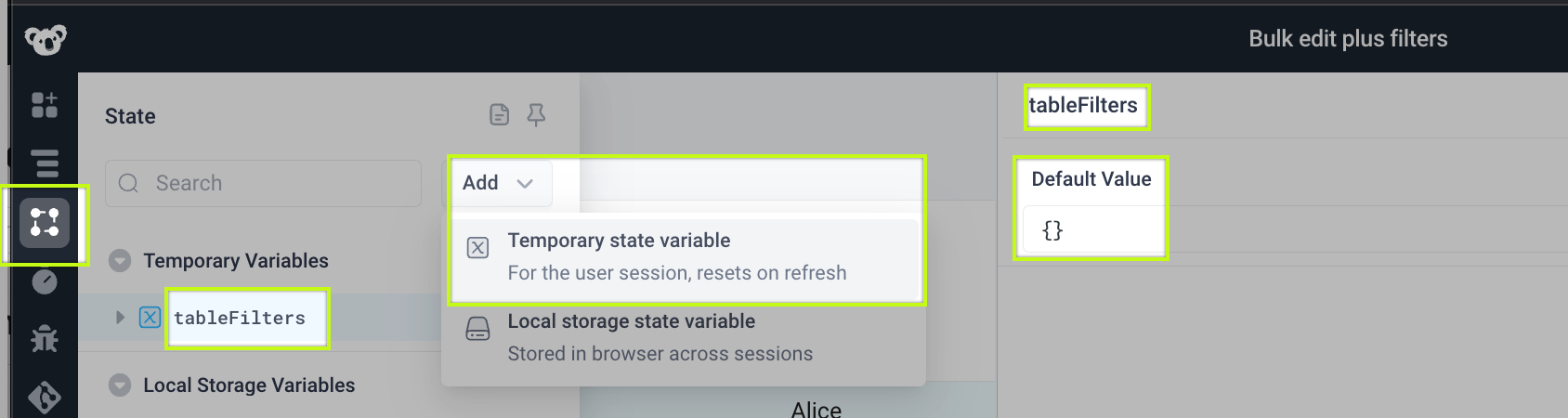 Create a state variable to save the table filters